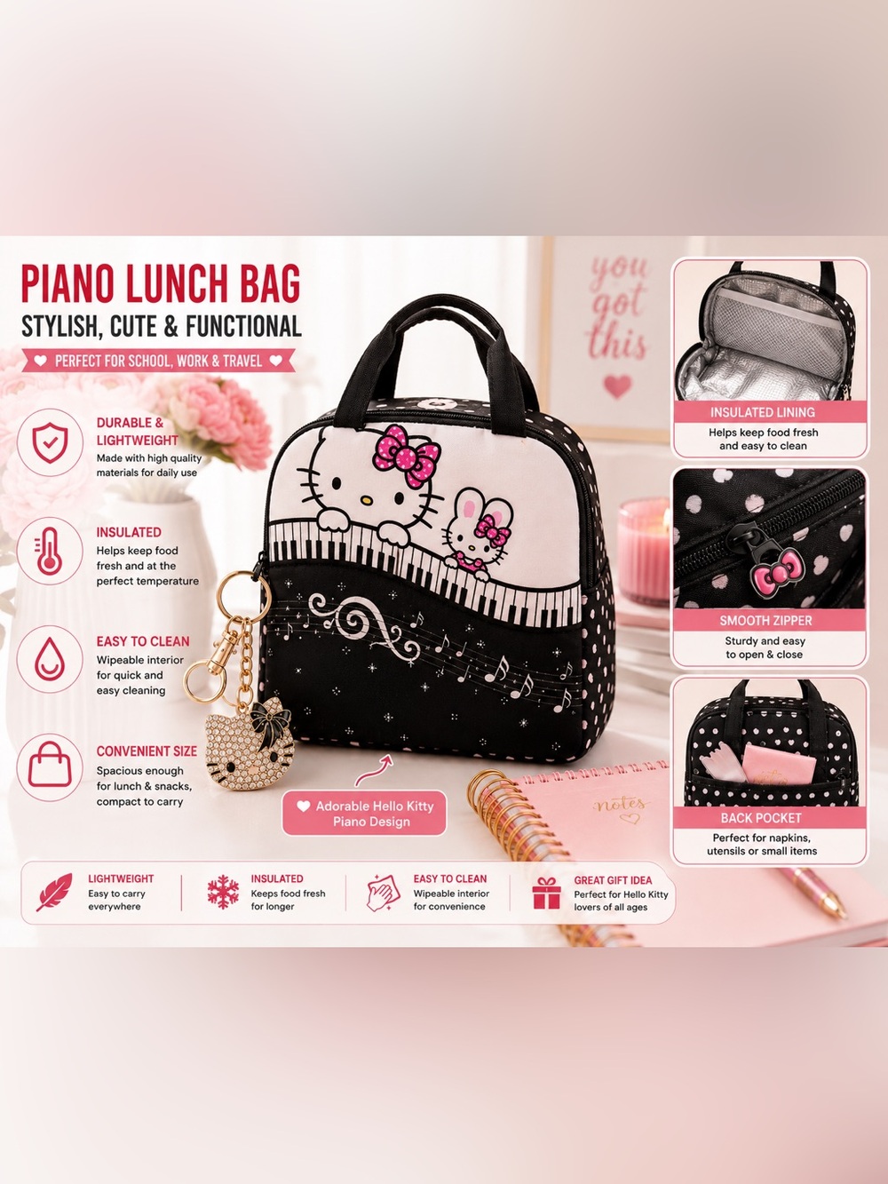 Hello Kitty Kids Black & White Musical Lunch Bag - Picture 6 of 8